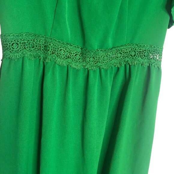 Women's Puff Sleeve Midi Dress Green Lace Insert Ruffle Hem Sz Medium 6 - Picture 3 of 16